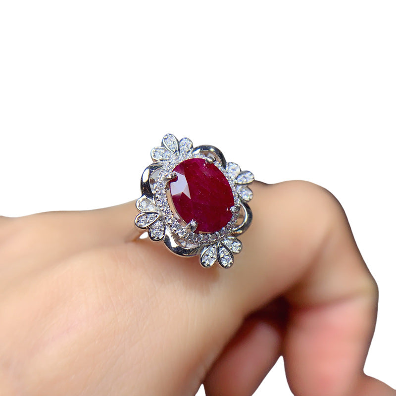 New natural old burnt ruby 8*10mm ring live mouth 925 silver fashion women's ring Birthday gift. Engagement gift. Dinner party decoration.