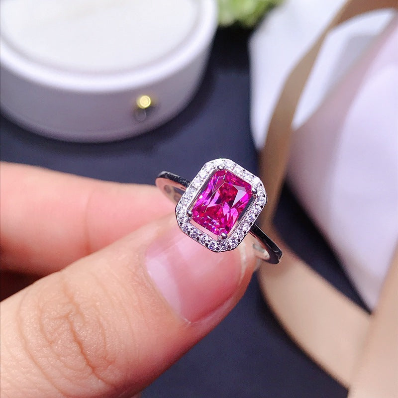 Small octagonal rectangular pink moissanite 925 silver with 1 carat pink moissanite Women's ring GRA certificate Black card waist sizeBirthday gift. Partner gift