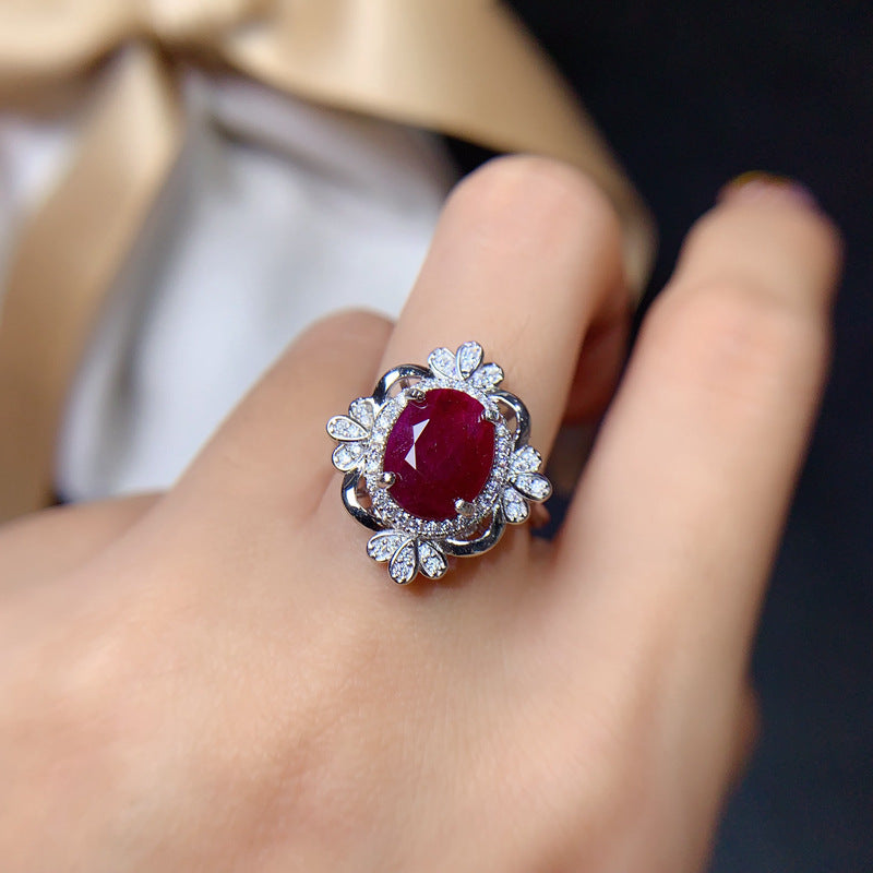 New natural old burnt ruby 8*10mm ring live mouth 925 silver fashion women's ring Birthday gift. Engagement gift. Dinner party decoration.