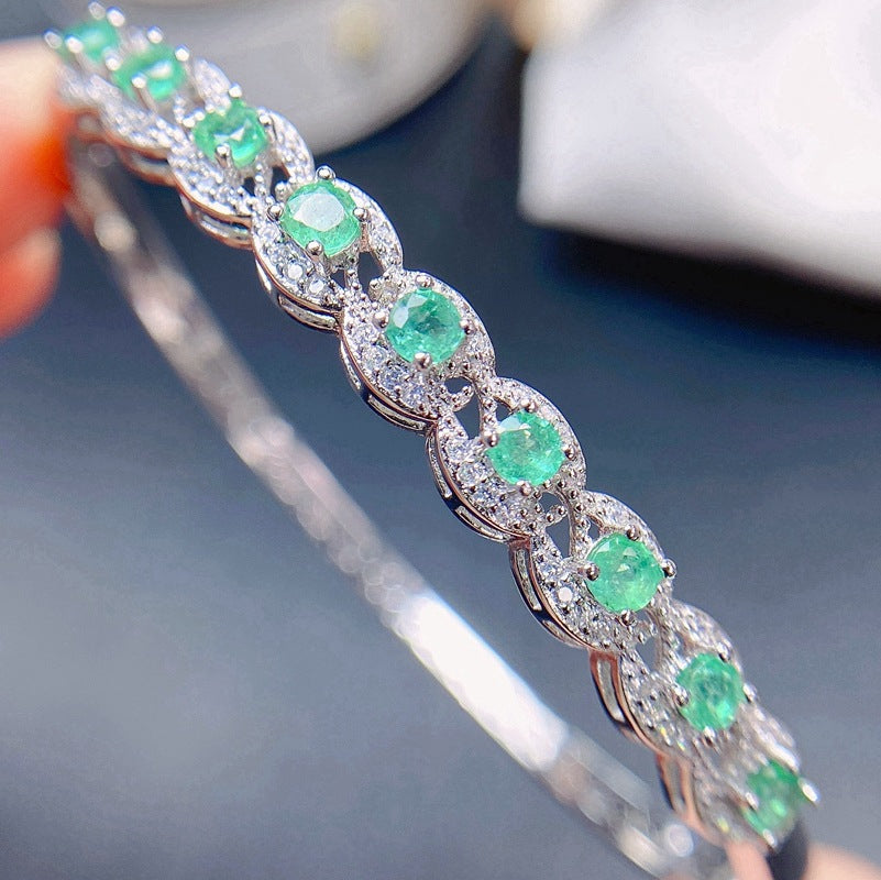 Small fresh bracelet 925 silver inlaid natural emerald bracelet ladies buckle bracelet Birthday gift. Dinner accessories. Couple gift