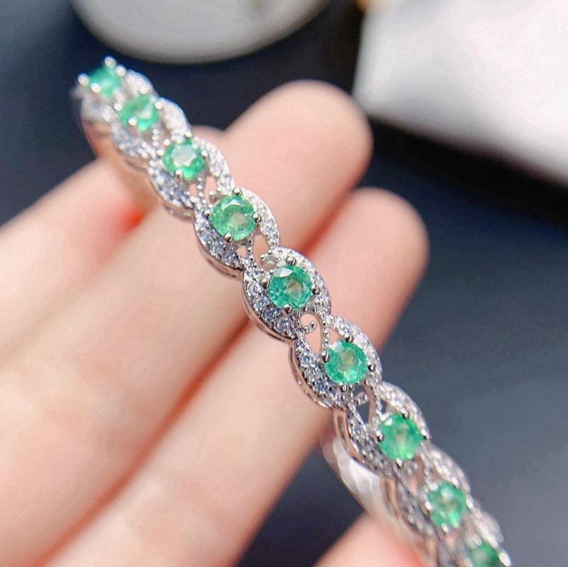 Small fresh bracelet 925 silver inlaid natural emerald bracelet ladies buckle bracelet Birthday gift. Dinner accessories. Couple gift
