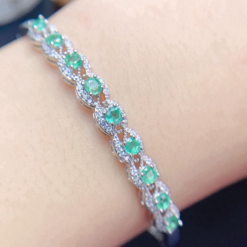 Small fresh bracelet 925 silver inlaid natural emerald bracelet ladies buckle bracelet Birthday gift. Dinner accessories. Couple gift