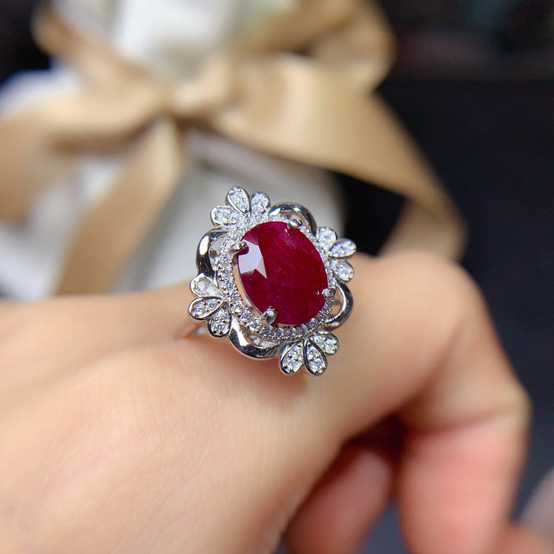 New natural old burnt ruby 8*10mm ring live mouth 925 silver fashion women's ring Birthday gift. Engagement gift. Dinner party decoration.
