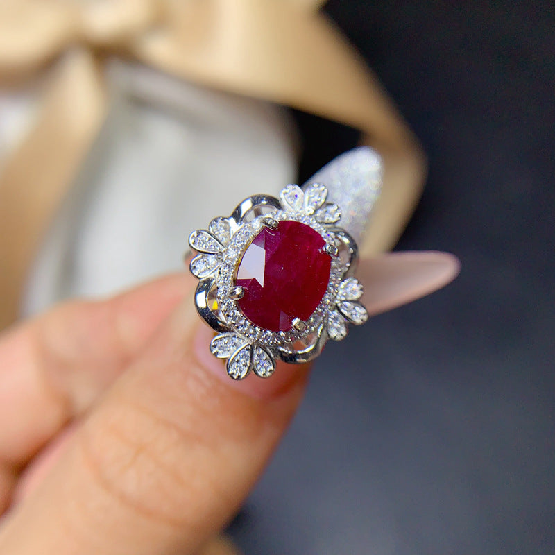 New natural old burnt ruby 8*10mm ring live mouth 925 silver fashion women's ring Birthday gift. Engagement gift. Dinner party decoration.