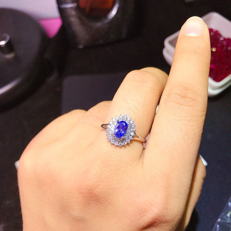 New 925 sterling silver inlaid natural tanzanite ring female ring Fashionable and personalized female ring。Birthday gift. Companion gift.