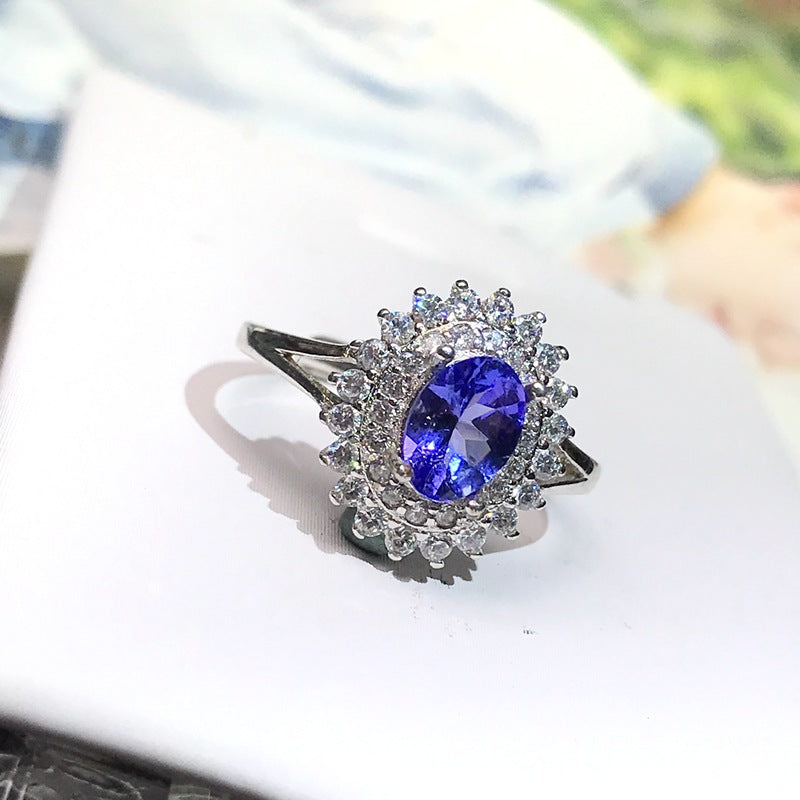 New 925 sterling silver inlaid natural tanzanite ring female ring Fashionable and personalized female ring。Birthday gift. Companion gift.