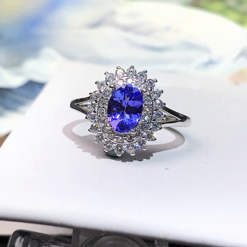 New 925 sterling silver inlaid natural tanzanite ring female ring Fashionable and personalized female ring。Birthday gift. Companion gift.