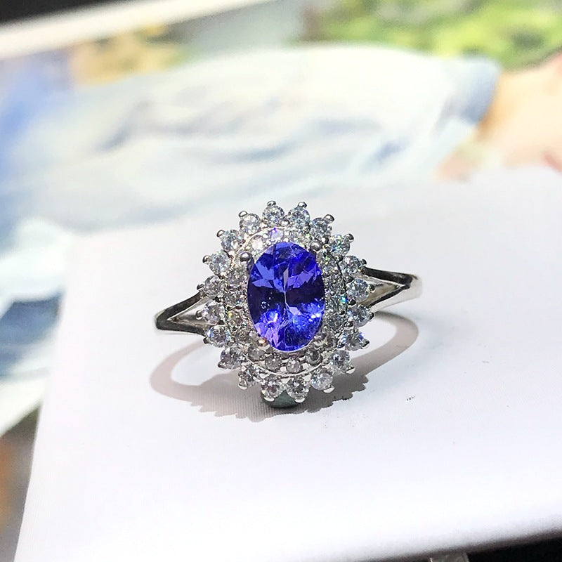 New 925 sterling silver inlaid natural tanzanite ring female ring Fashionable and personalized female ring。Birthday gift. Companion gift.