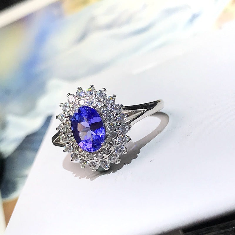 New 925 sterling silver inlaid natural tanzanite ring female ring Fashionable and personalized female ring。Birthday gift. Companion gift.