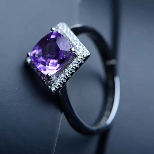 Korean style fashion small fresh 925 silver inlaid Brazilian natural amethyst ring female ringBirthday gifts. Dinner accessories. Couple gifts