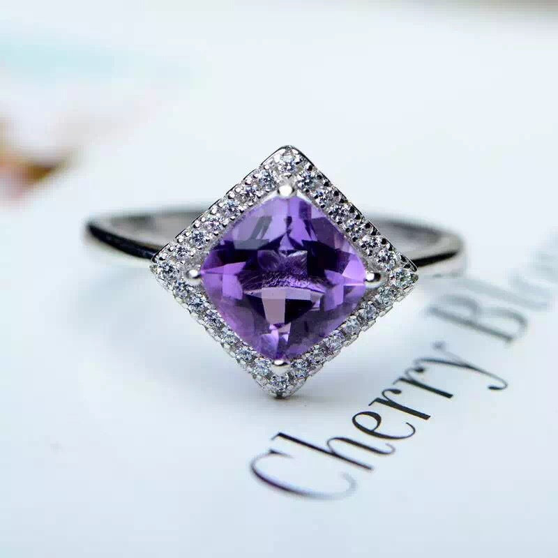 Korean style fashion small fresh 925 silver inlaid Brazilian natural amethyst ring female ringBirthday gifts. Dinner accessories. Couple gifts