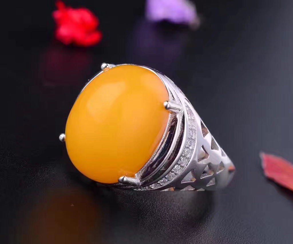 Natural beeswax ring, large grain, 925 sterling silver, open size, old beeswax, good colorBirthday gift. Dinner accessories. Couple rings.