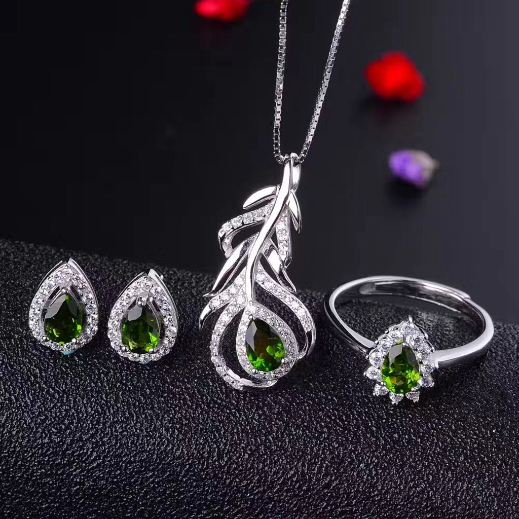 Natural diopside set, commonly known as Russian emerald, 925 silver natural colored gemstone, good qualityBirthday gifts. Dinner accessories. Couple gifts