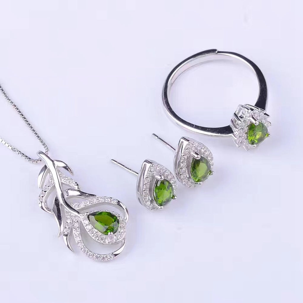 Natural diopside set, commonly known as Russian emerald, 925 silver natural colored gemstone, good qualityBirthday gifts. Dinner accessories. Couple gifts