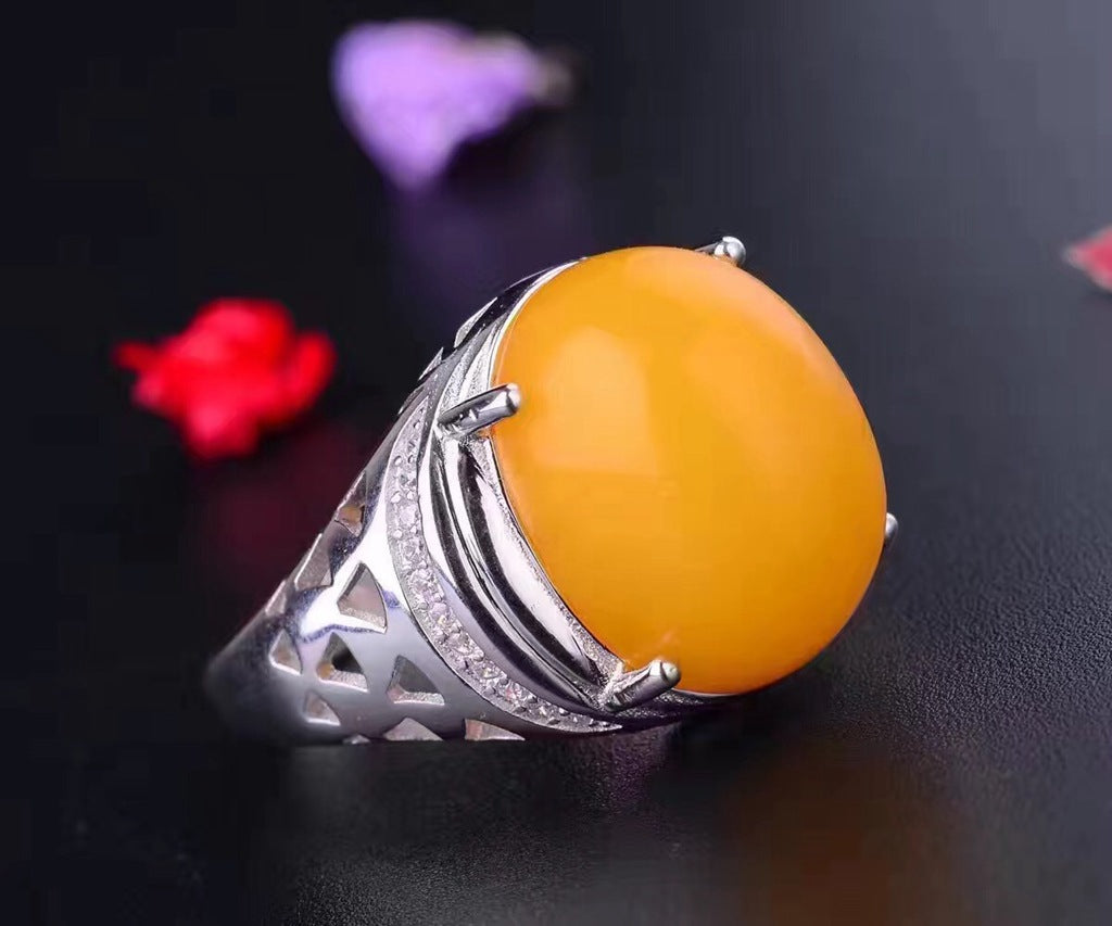 Natural beeswax ring, large grain, 925 sterling silver, open size, old beeswax, good colorBirthday gift. Dinner accessories. Couple rings.