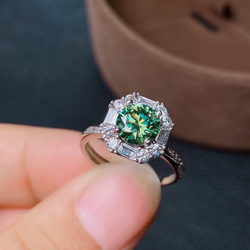 925 silver inlaid green moissanite couple ring, Meisan GRA certificate, waist size 2 caratsBirthday gifts. Dinner accessories. Couple rings