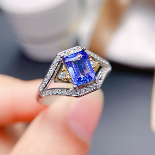 Overlap open size women's ring S925 silver micro inlaid natural tanzanite women's ringBirthday gifts. Dinner accessories. Couple rings