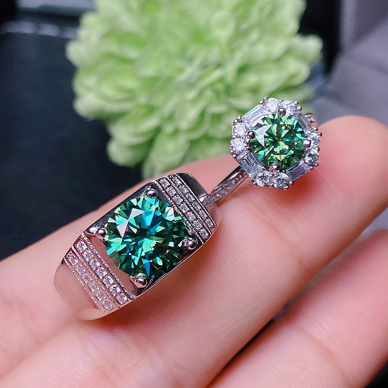 925 silver inlaid green moissanite couple ring, Meisan GRA certificate, waist size 2 caratsBirthday gifts. Dinner accessories. Couple rings