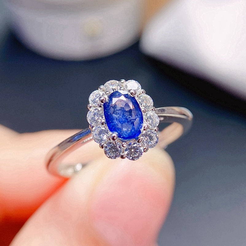 Classic natural sapphire ring for women 925 silver loose mouth 6*4mm loose mouth beautiful ring