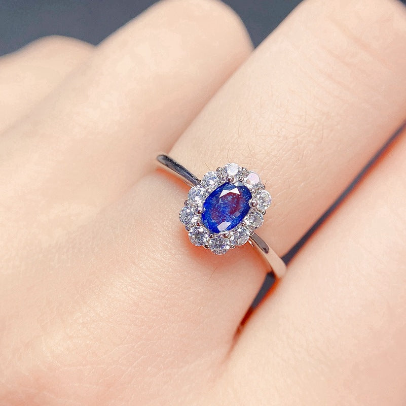 Classic natural sapphire ring for women 925 silver loose mouth 6*4mm loose mouth beautiful ring