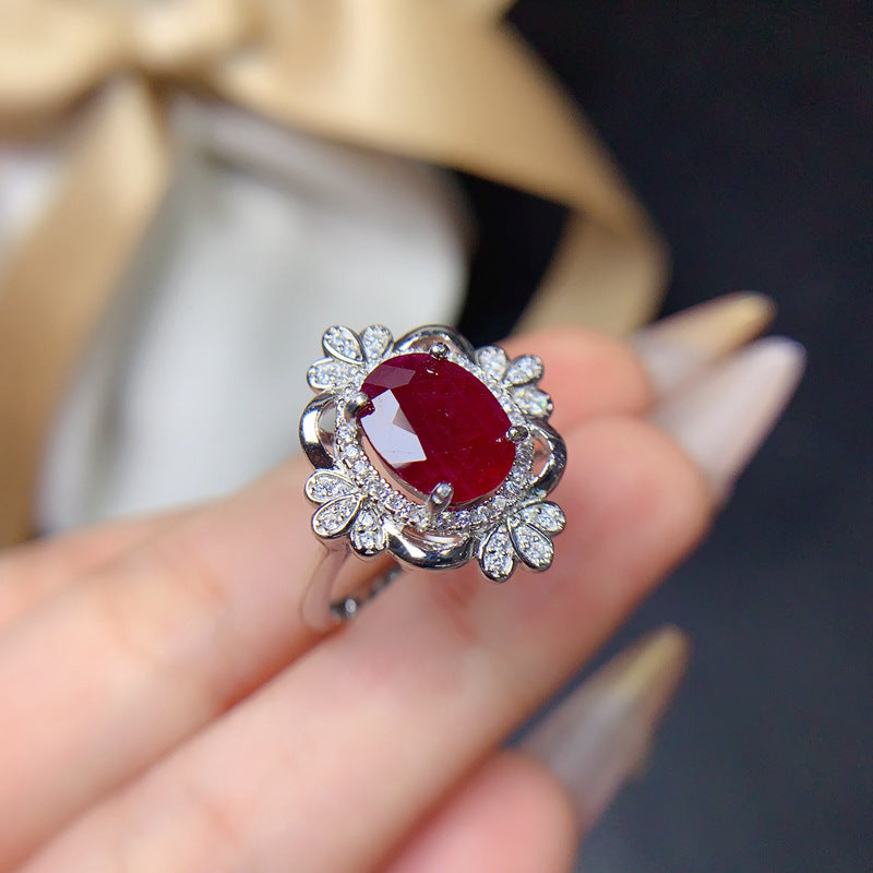 New natural old burnt ruby 8*10mm ring live mouth 925 silver fashion women's ring  Birthday gift. Engagement gift. Dinner party decoration.