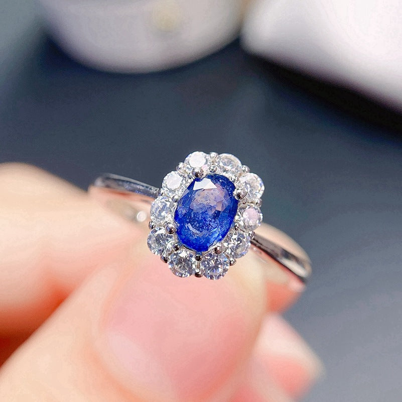 Classic natural sapphire ring for women 925 silver loose mouth 6*4mm loose mouth beautiful ring