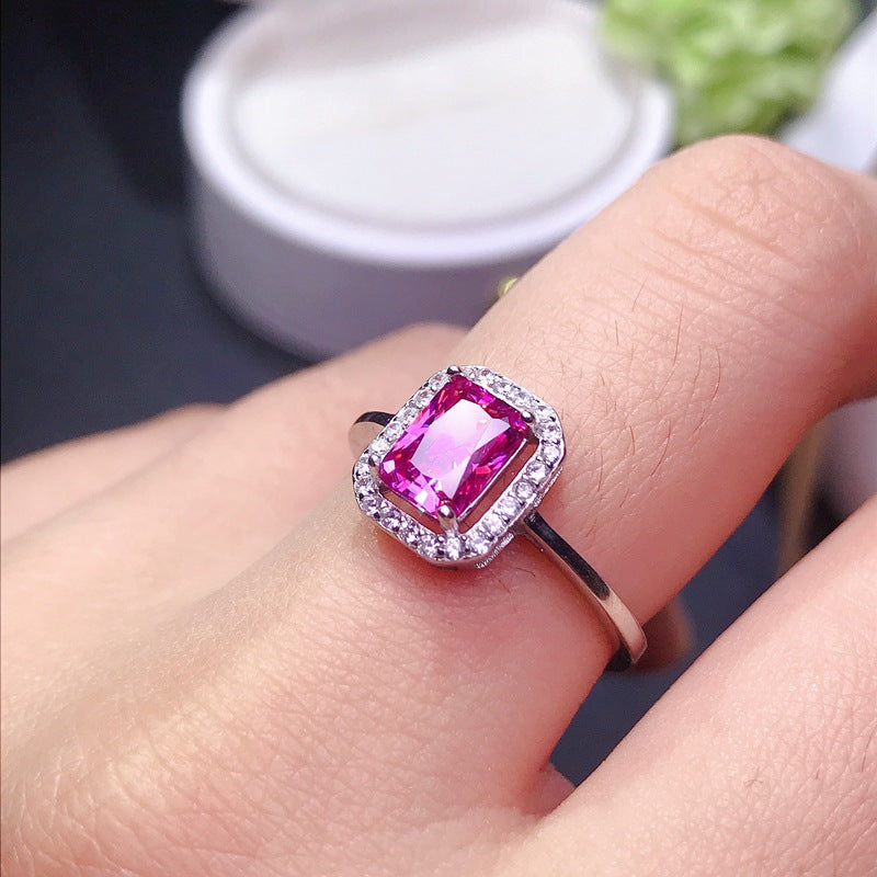 Small octagonal rectangular pink moissanite 925 silver with 1 carat pink moissanite Women's ring GRA certificate Black card waist sizeBirthday gift. Partner gift