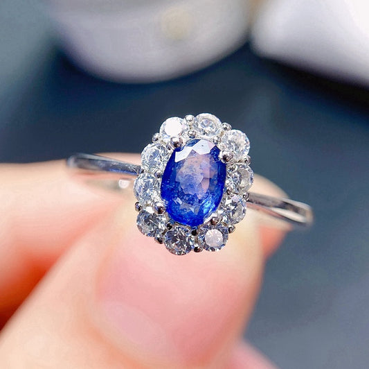 Classic natural sapphire ring for women 925 silver loose mouth 6*4mm loose mouth beautiful ring