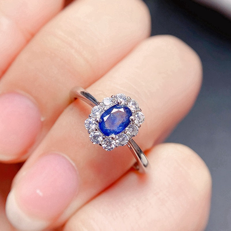 Classic natural sapphire ring for women 925 silver loose mouth 6*4mm loose mouth beautiful ring