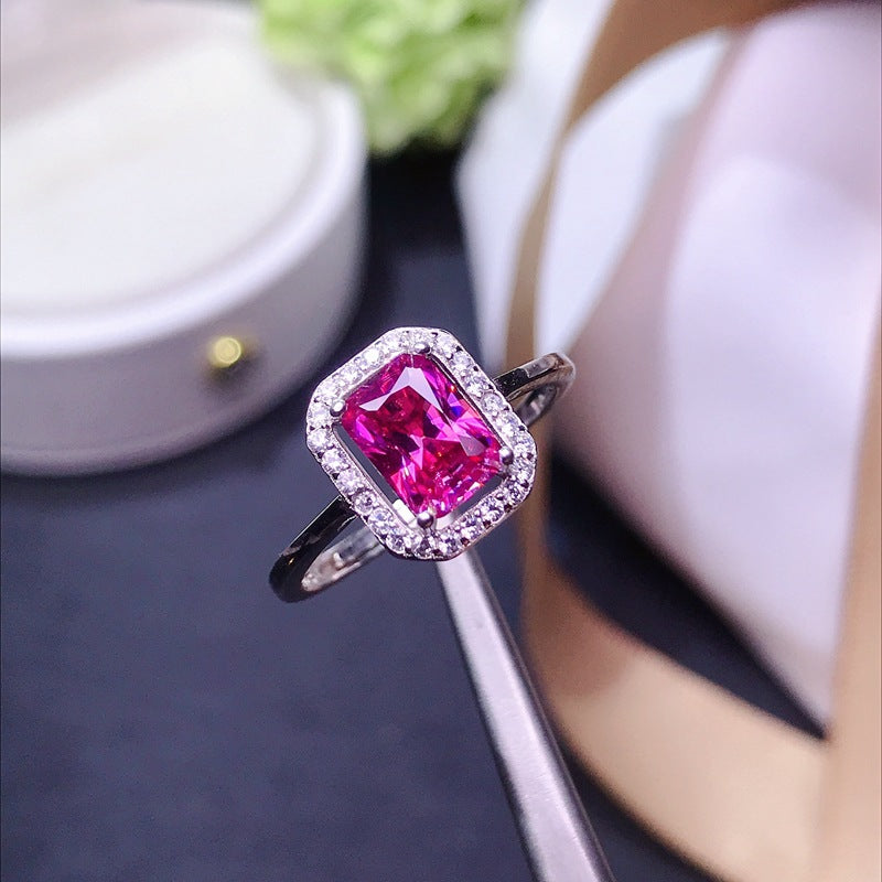 Small octagonal rectangular pink moissanite 925 silver with 1 carat pink moissanite Women's ring GRA certificate Black card waist sizeBirthday gift. Partner gift