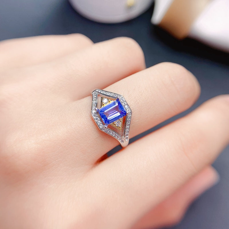 Overlap open size women's ring S925 silver micro inlaid natural tanzanite women's ringBirthday gifts. Dinner accessories. Couple rings