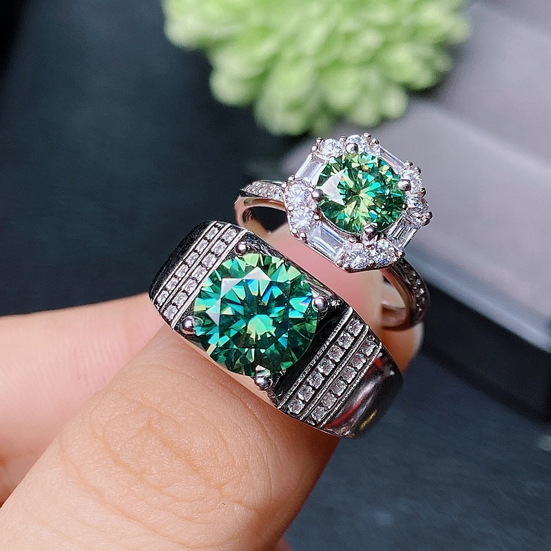 925 silver inlaid green moissanite couple ring, Meisan GRA certificate, waist size 2 caratsBirthday gifts. Dinner accessories. Couple rings