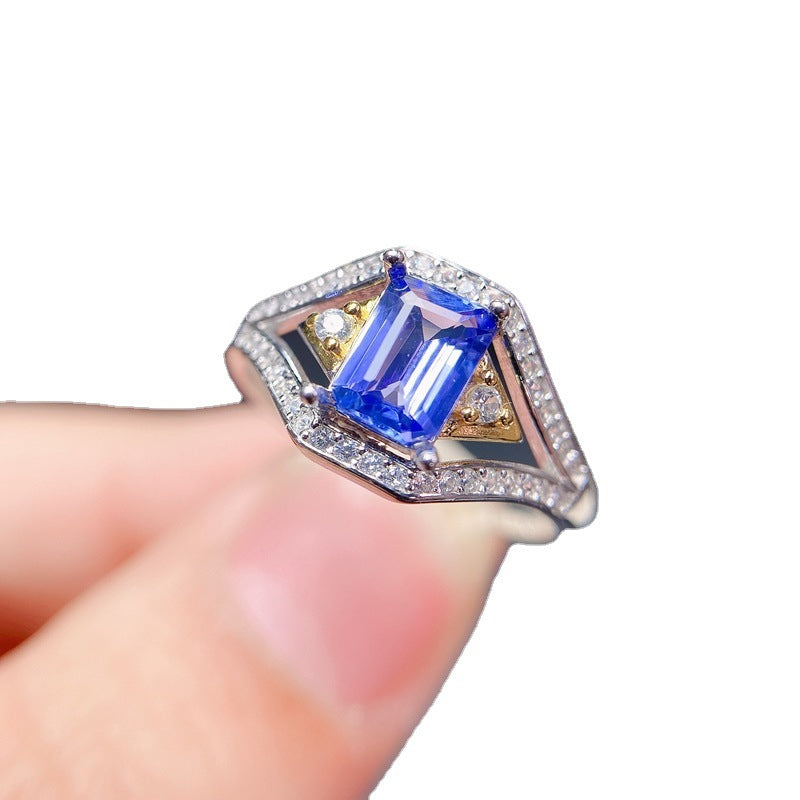 Overlap open size women's ring S925 silver micro inlaid natural tanzanite women's ringBirthday gifts. Dinner accessories. Couple rings