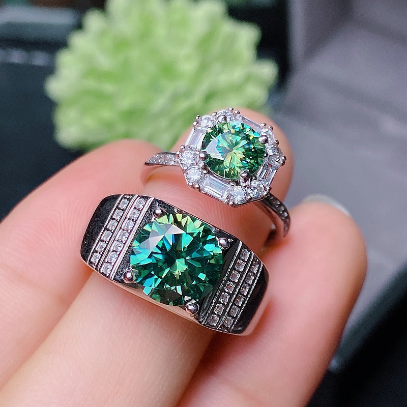 925 silver inlaid green moissanite couple ring, Meisan GRA certificate, waist size 2 caratsBirthday gifts. Dinner accessories. Couple rings