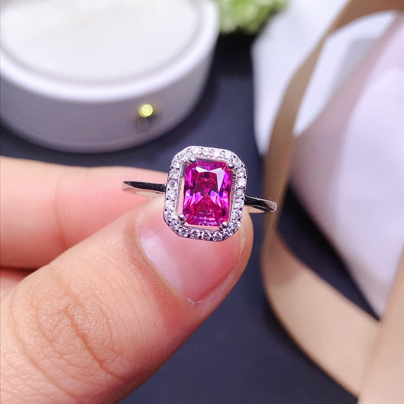 Small octagonal rectangular pink moissanite 925 silver with 1 carat pink moissanite Women's ring GRA certificate Black card waist sizeBirthday gift. Partner gift