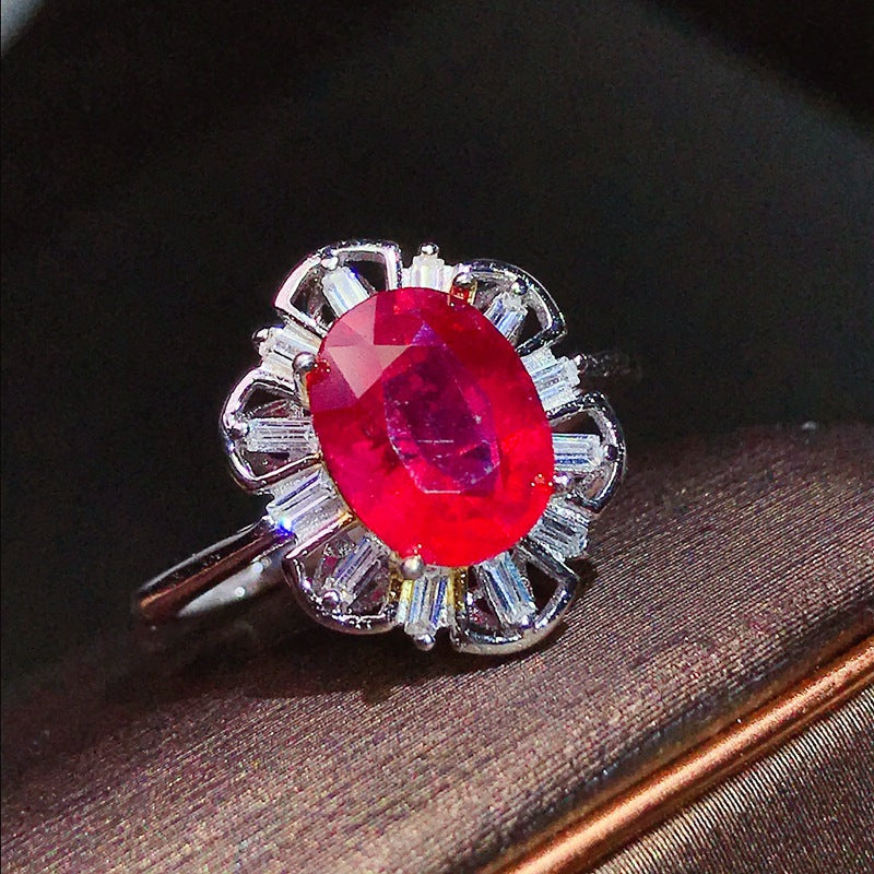 925 silver inlaid with new burnt ruby live ring birthday gift. Partner gift. Dinner jewelry.