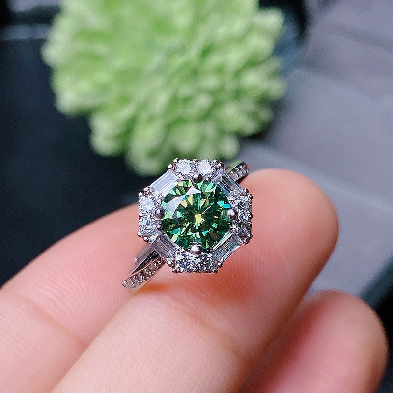 925 silver inlaid green moissanite couple ring, Meisan GRA certificate, waist size 2 caratsBirthday gifts. Dinner accessories. Couple rings